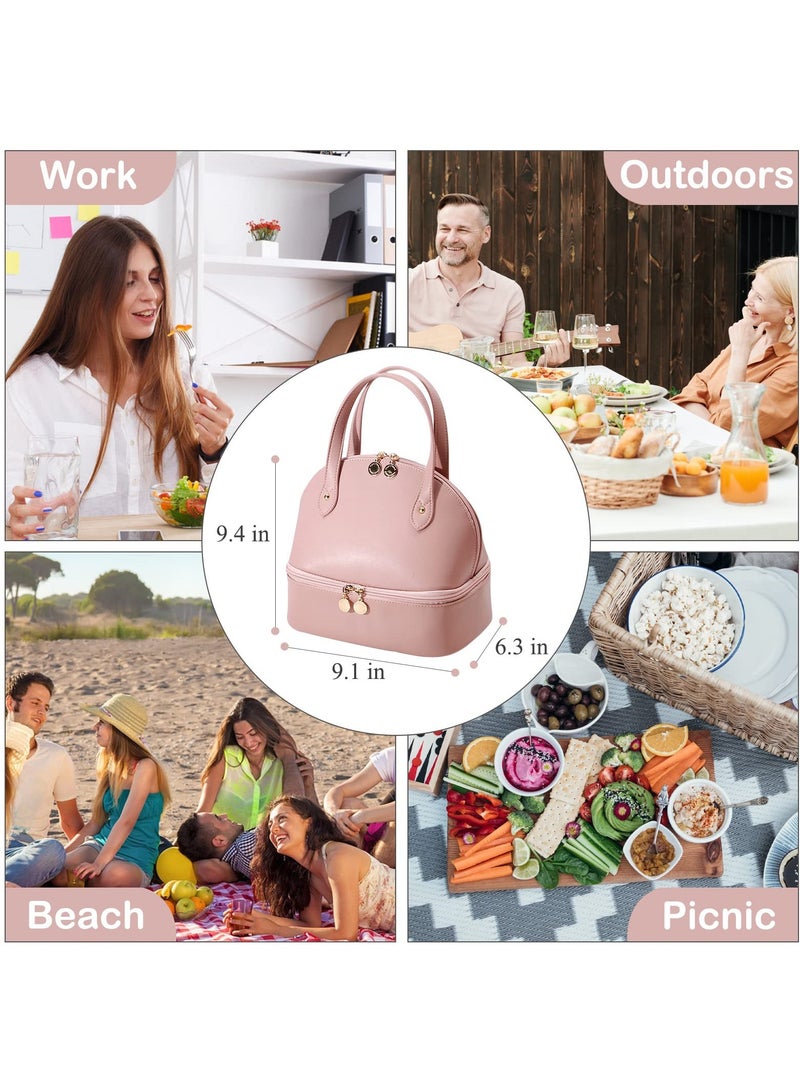 SYOSI Lunch Bag for Women, Large Capacity Insulated Lunch Bag with Double Decker Waterproof PU Leather Simple Modern Style Lunch Bag for Work, Picnic, Travel (Pink)