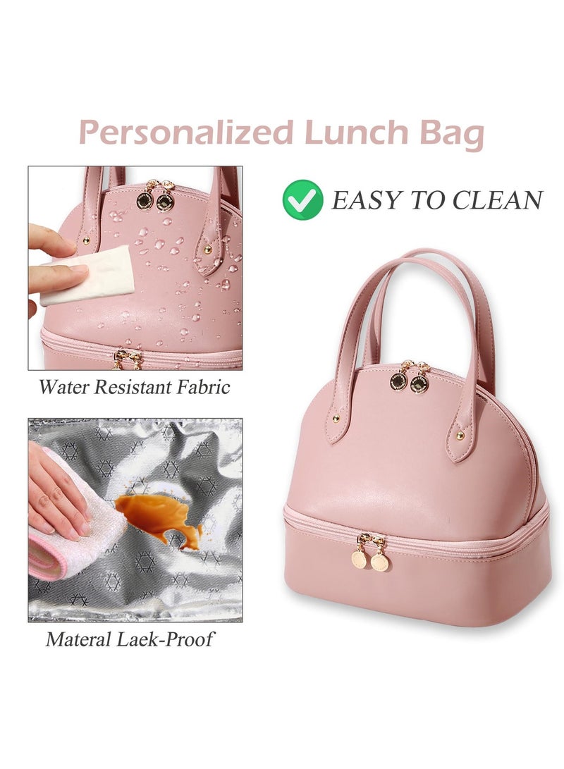 SYOSI Lunch Bag for Women, Large Capacity Insulated Lunch Bag with Double Decker Waterproof PU Leather Simple Modern Style Lunch Bag for Work, Picnic, Travel (Pink)