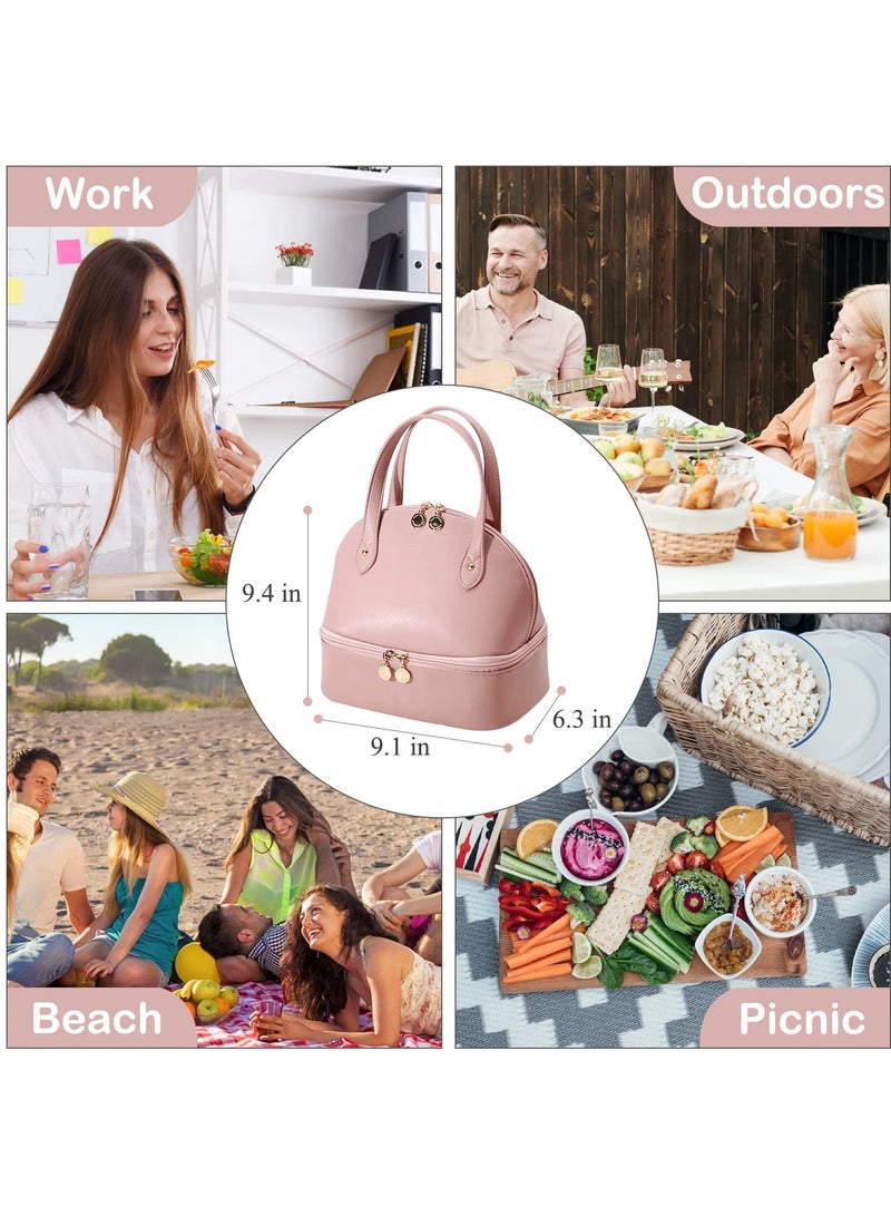 SYOSI Lunch Bag for Women, Large Capacity Insulated Lunch Bag with Double Decker Waterproof PU Leather Simple Modern Style Lunch Bag for Work, Picnic, Travel (Pink)