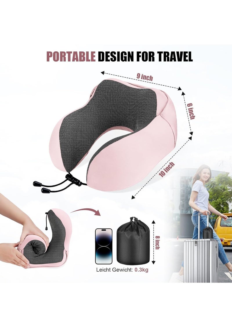 Neck Pillow for Travel, Memory Foam Travel with Hood, Adult Airplane Head Rest Support, Portable Office Cars Trains Long Flights Sleeping (Pink)