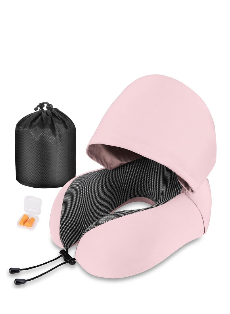 Neck Pillow for Travel, Memory Foam Travel with Hood, Adult Airplane Head Rest Support, Portable Office Cars Trains Long Flights Sleeping (Pink)