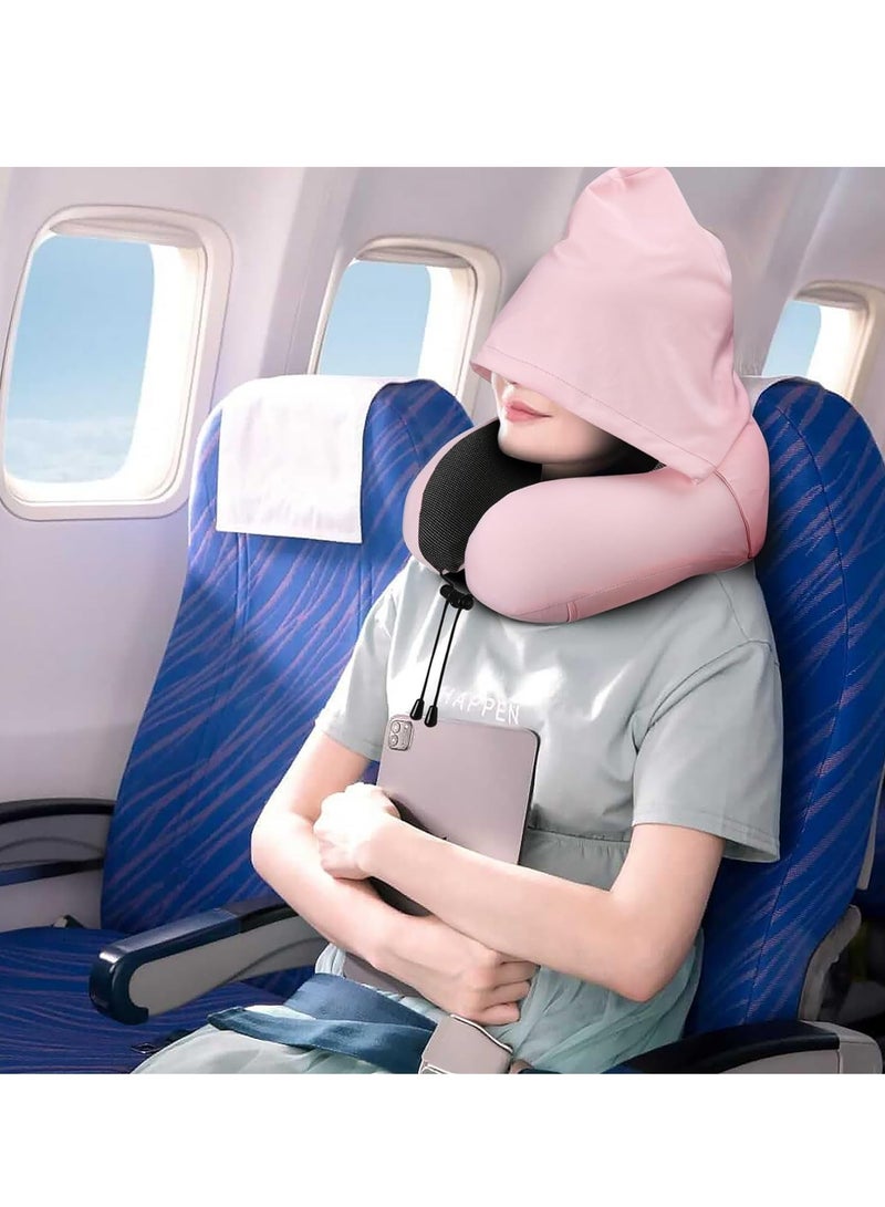 Neck Pillow for Travel, Memory Foam Travel with Hood, Adult Airplane Head Rest Support, Portable Office Cars Trains Long Flights Sleeping (Pink)