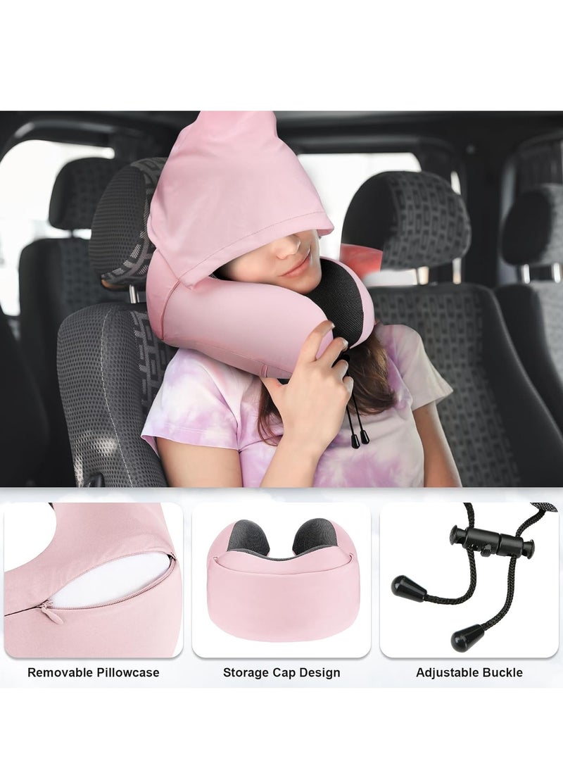 Neck Pillow for Travel, Memory Foam Travel with Hood, Adult Airplane Head Rest Support, Portable Office Cars Trains Long Flights Sleeping (Pink)