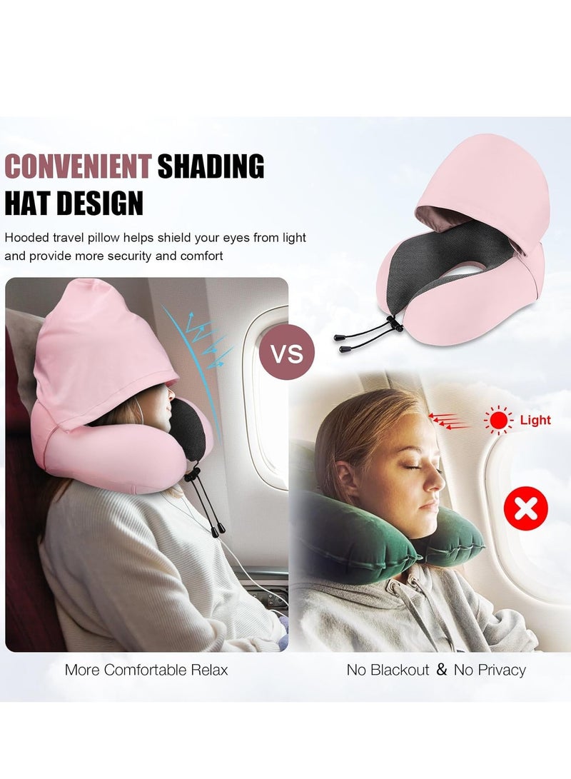 Neck Pillow for Travel, Memory Foam Travel with Hood, Adult Airplane Head Rest Support, Portable Office Cars Trains Long Flights Sleeping (Pink)