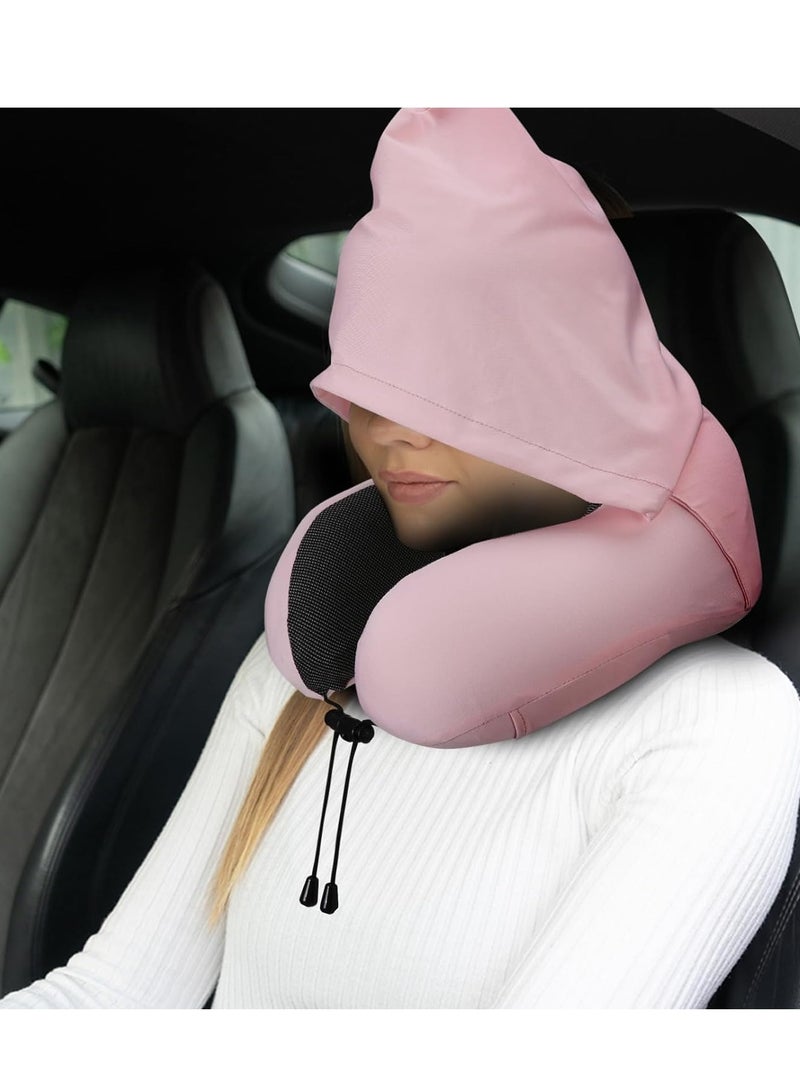 Neck Pillow for Travel, Memory Foam Travel with Hood, Adult Airplane Head Rest Support, Portable Office Cars Trains Long Flights Sleeping (Pink)