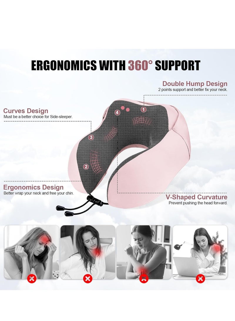 Neck Pillow for Travel, Memory Foam Travel with Hood, Adult Airplane Head Rest Support, Portable Office Cars Trains Long Flights Sleeping (Pink)