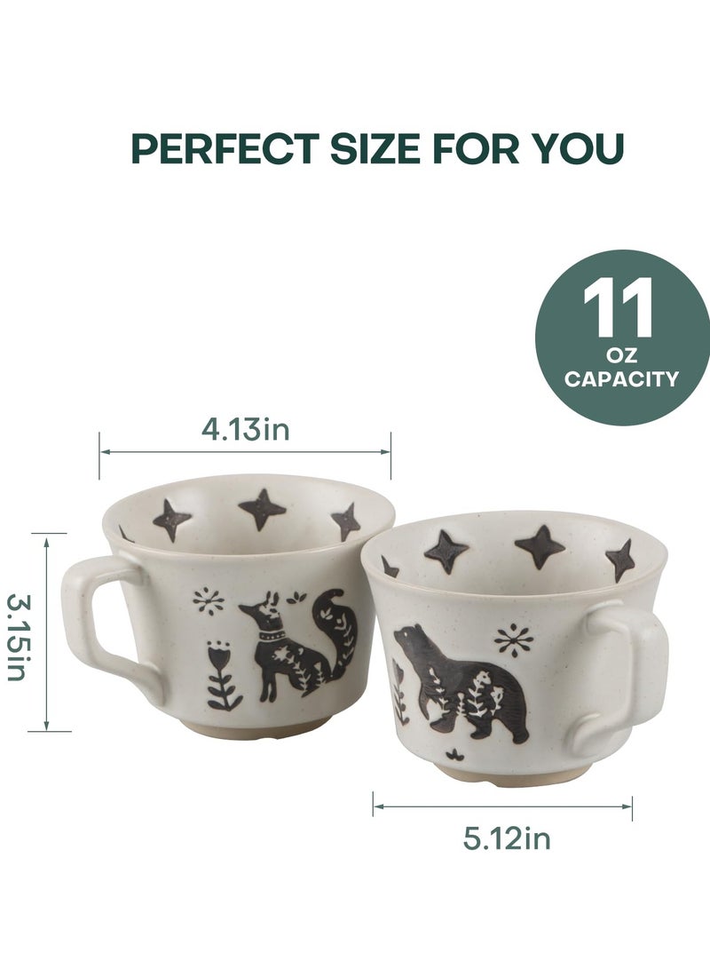 Ceramic Coffee Mug, Set Of 2 11 oz Novelty Unique Tea Cups With Big Handle, Couple Mugs For Mocha Latte Cappuccino Espresso, Best Gifts For Women And Men, Fox And Bear