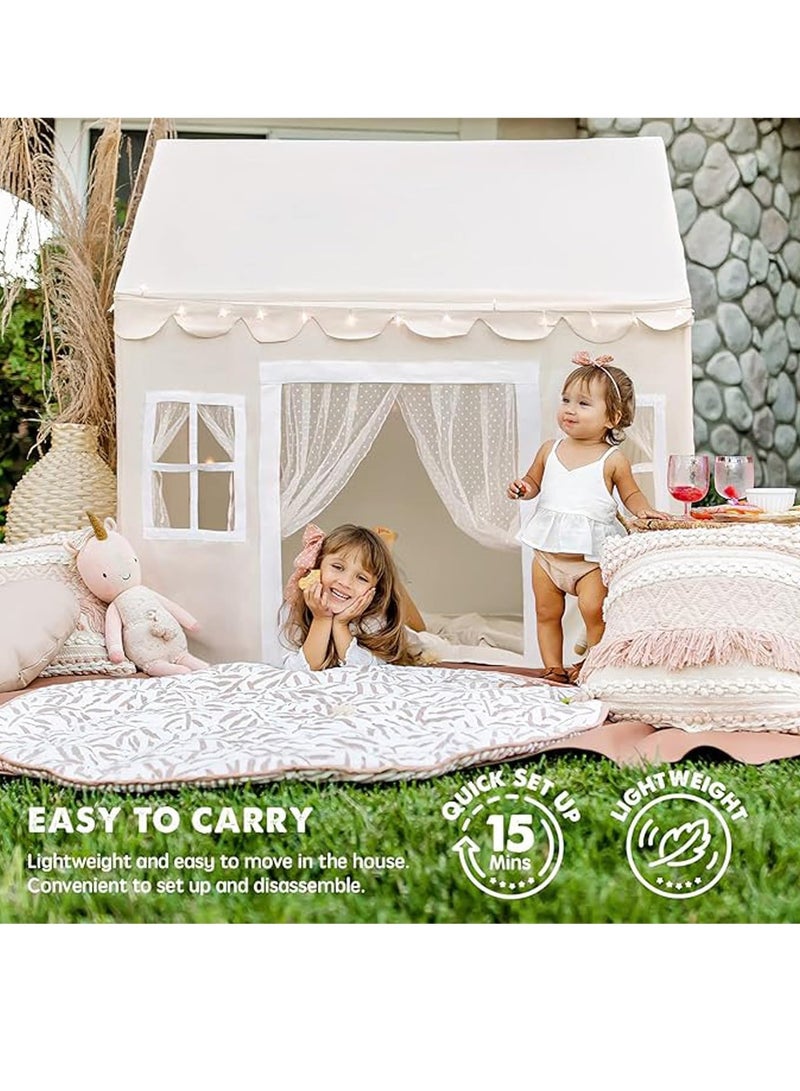 Kids Play Tent with Basic Mat String Lights & Banners Large Kids Playhouse Tent with Windows Kids Secret Base Indoor & Outdoor Kids Play Tent for Girl & Boy Aged 3+