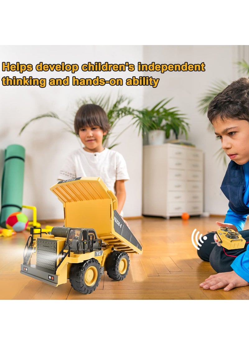 Remote Control Dump Truck Toys RC Construction Toy Vehicles with Metal Bed Lights Sounds 9 Channel 2 Batteries RC Truck Toys Bulldozing Dump Engineering Truck Birthday Gifts for Boys Age 3+
