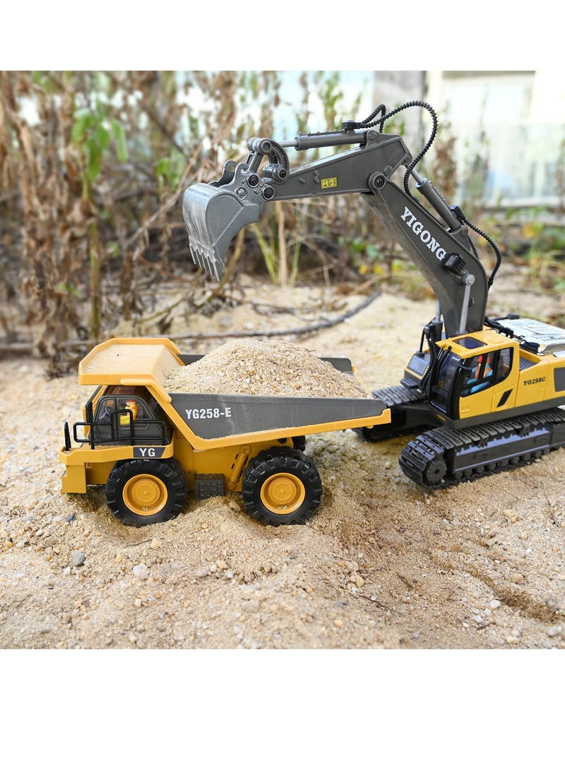 Remote Control Dump Truck Toys RC Construction Toy Vehicles with Metal Bed Lights Sounds 9 Channel 2 Batteries RC Truck Toys Bulldozing Dump Engineering Truck Birthday Gifts for Boys Age 3+