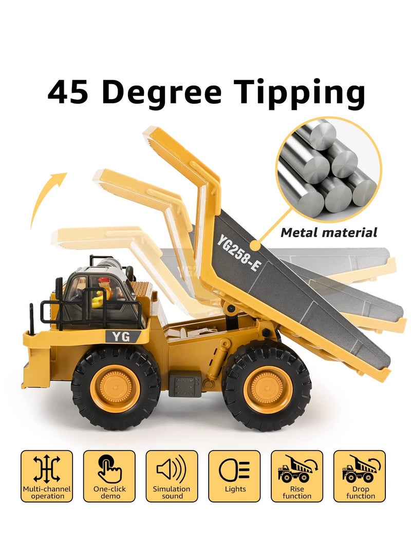 Remote Control Dump Truck Toys RC Construction Toy Vehicles with Metal Bed Lights Sounds 9 Channel 2 Batteries RC Truck Toys Bulldozing Dump Engineering Truck Birthday Gifts for Boys Age 3+