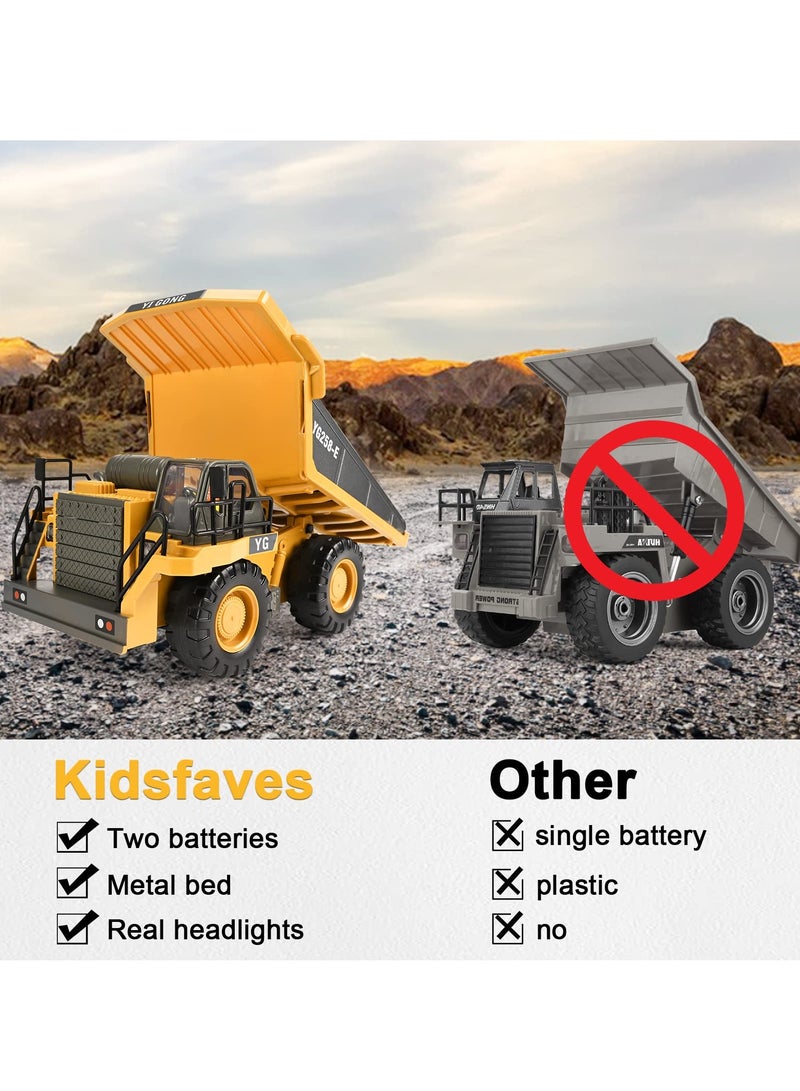 Remote Control Dump Truck Toys RC Construction Toy Vehicles with Metal Bed Lights Sounds 9 Channel 2 Batteries RC Truck Toys Bulldozing Dump Engineering Truck Birthday Gifts for Boys Age 3+