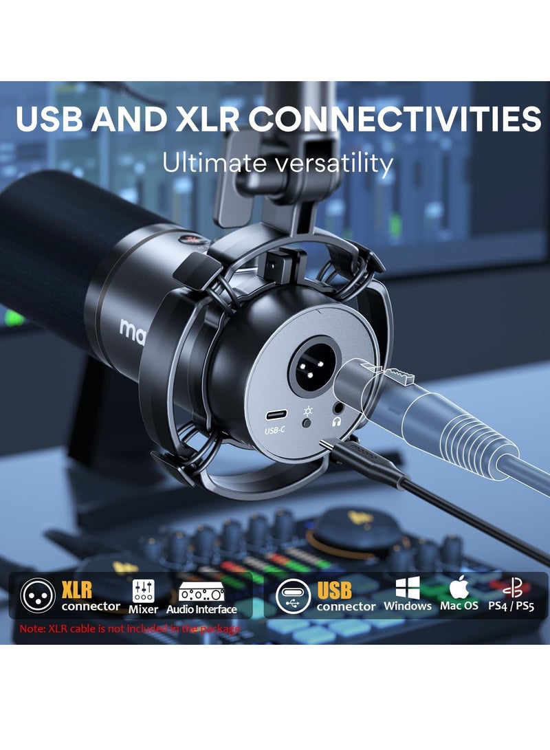 XLR/USB Dynamic Microphone Kit, Gaming Microphone Set, RGB Podcast Mic with Software for Streaming, Gaming, Recording, Voice-Over, Metal Microphone with Mute, Headphone Jack, and so (Black)