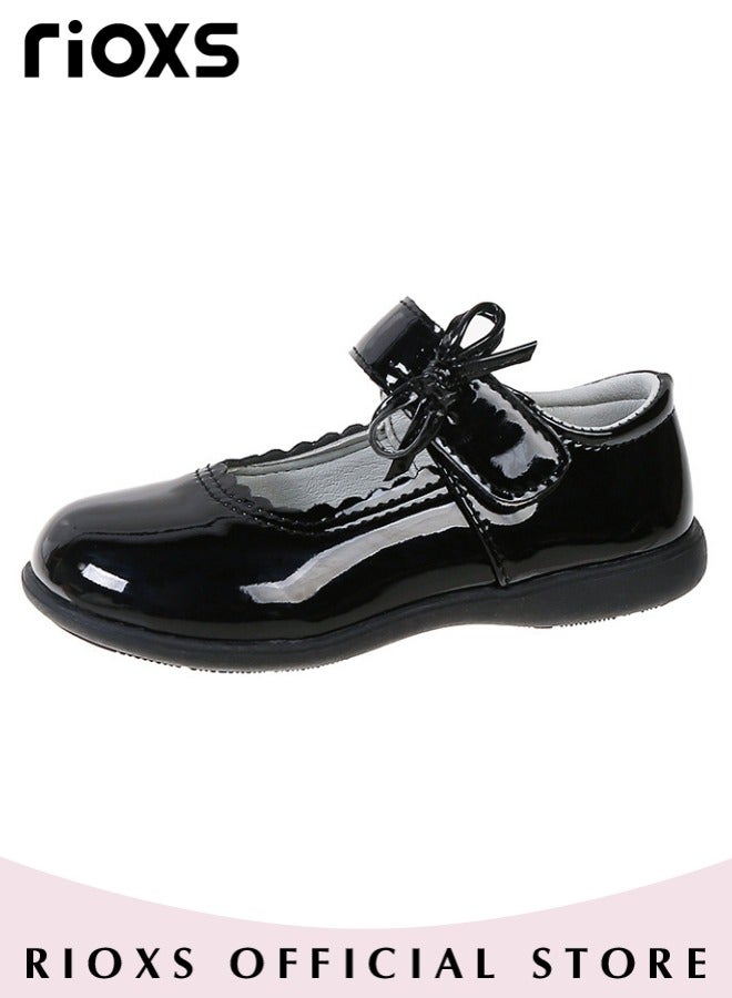 Girls Princess Leather Shoes Mary Jane Dance Flats Low Heel School Uniform Shoes with Bowknot