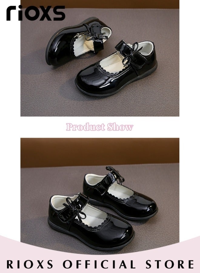 Girls Princess Leather Shoes Mary Jane Dance Flats Low Heel School Uniform Shoes with Bowknot