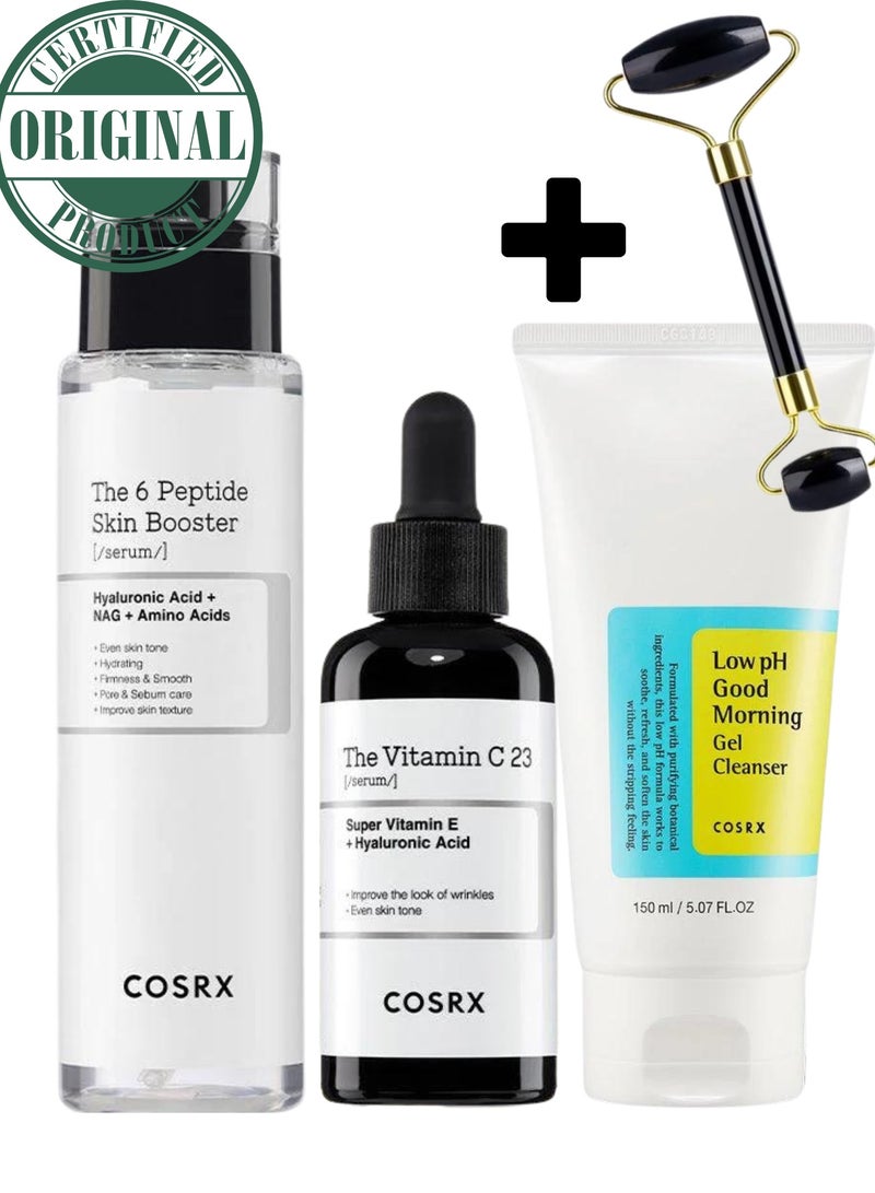 Radiant Glow Set & Face Massage Roller - The 6 Peptide Skin Booster - Vitamin C 23 Serum - Low pH Good Morning Gel Cleanser - Embrace Effortless Radiance for Your Skin 320ml