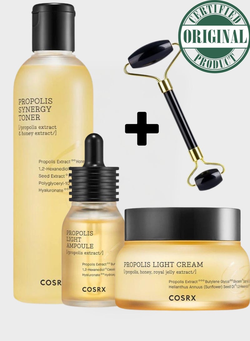 Ultimate Propolis Radiance Trio & Face Massage Roller - Full Fit Propolis Synergy Toner, Ampoule, and Light Cream Set 245ml