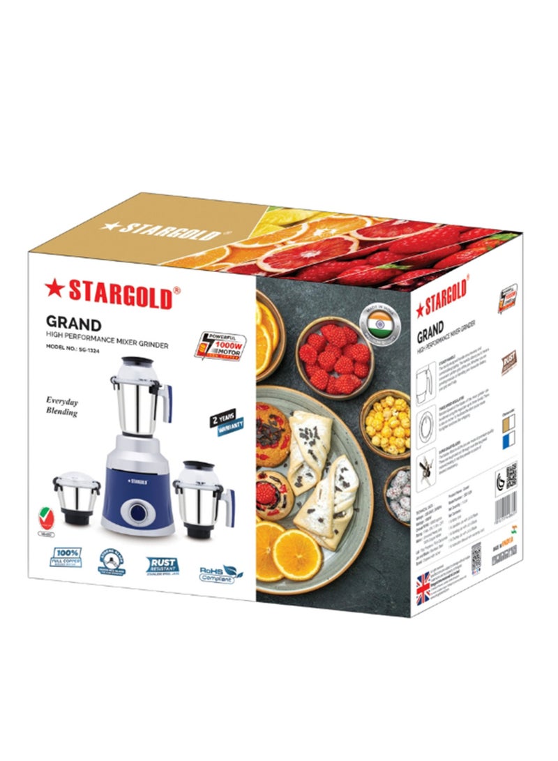 3-In-1 Mixer Grinder 1000 Watts Copper Motor Stainless Steel High Performance Blender