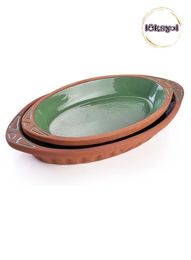 Handmade Clay Cookware for Mexican, Indian, and Korean Dishes - Grean Glazed Pottery Pan with Handles - 2 Pcs - Cooking, Baking, and Serving in Style with Authentic Clay Cookware