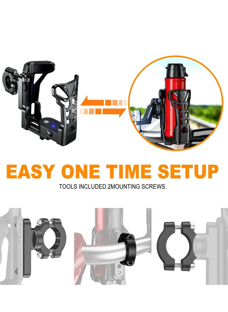 ATV Cup Holder, Upgraded Motorcycle Drink Holder Handlebar, Bike Water Bottle Holder with Atmosphere Light, 360° Rotation Expandable Design, Max Load 32oz for Scooter Bike Motorcycle