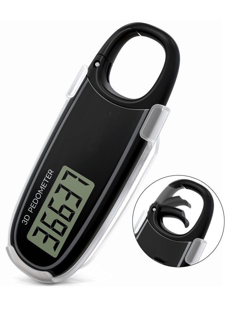 3D Pedometer for Walking with Removable Clip and Snap Hook Automatically Correct Small and Portable Simple Step Counter Accurate Walking Step Tracker with Big Digital Display for Men Women Black