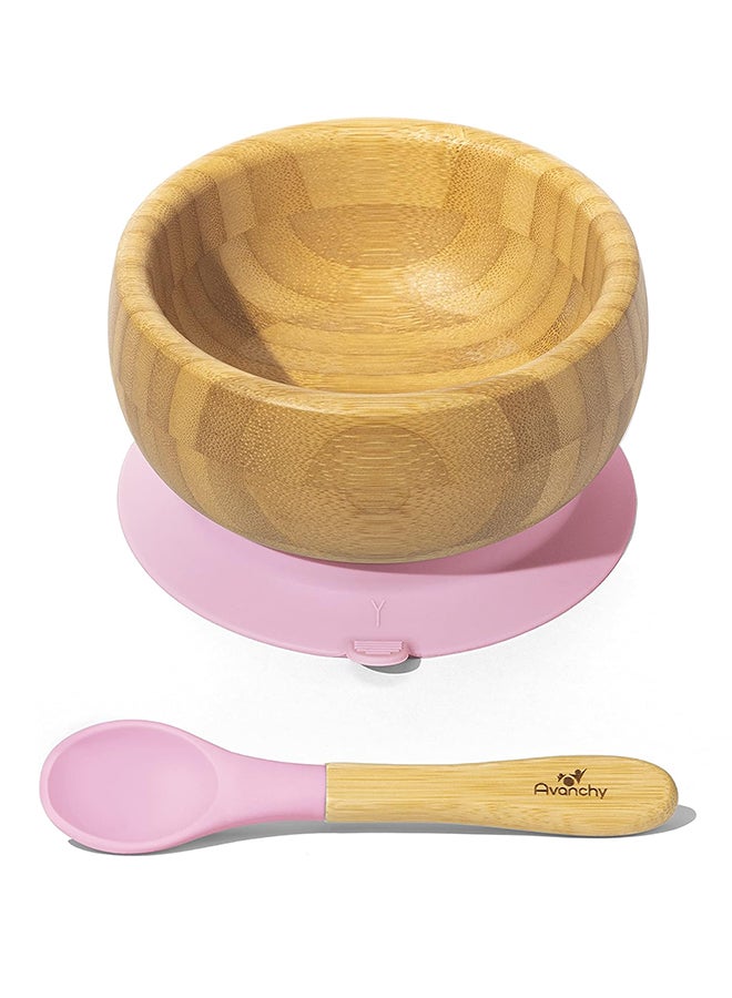 Baby Bamboo Stay Put Suction Bowl With Spoon - Brown/Pink