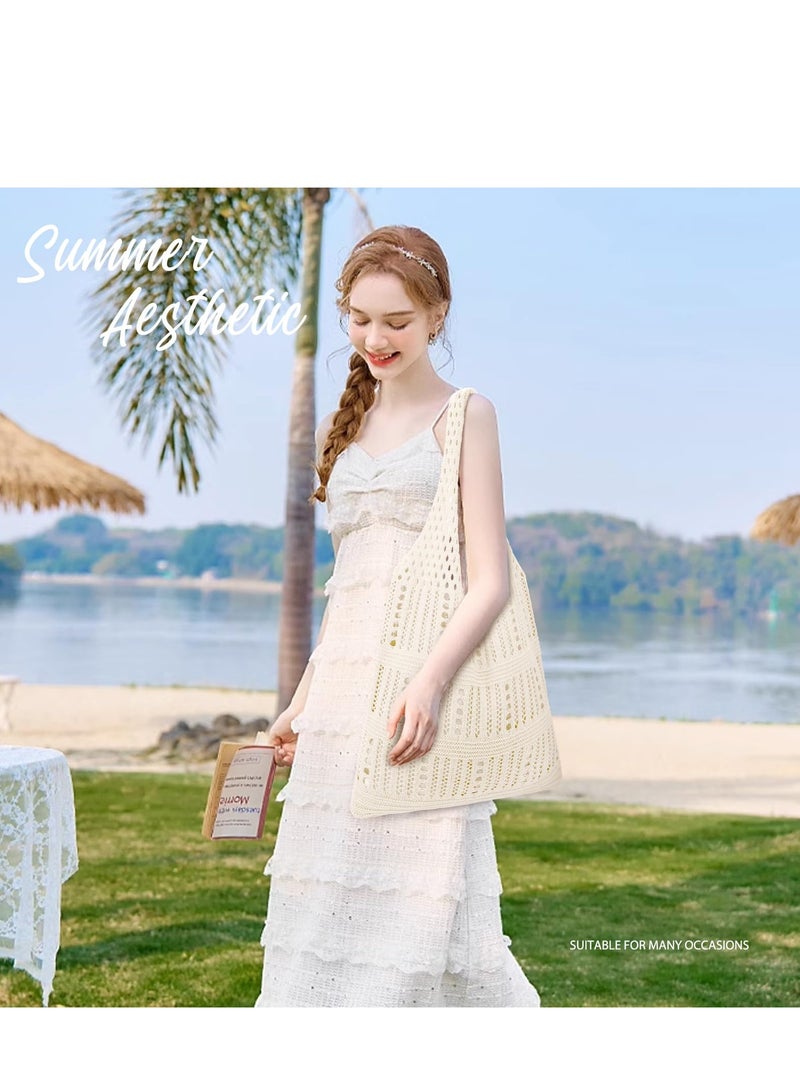 Crochet Bags for Women Summer Beach Tote Bag Aesthetic Hippie Knit Bag, Beige