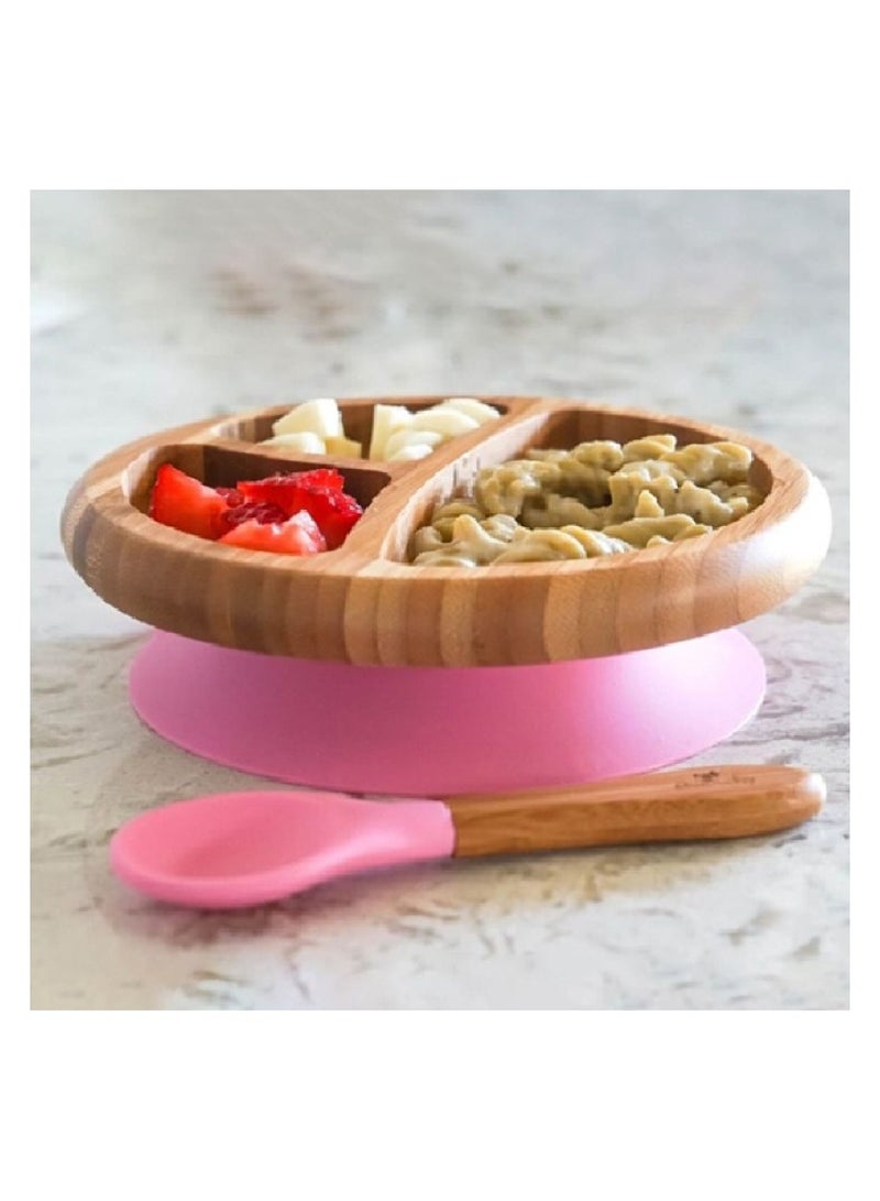 Bamboo Suction Classic Plate + Spoon Pink