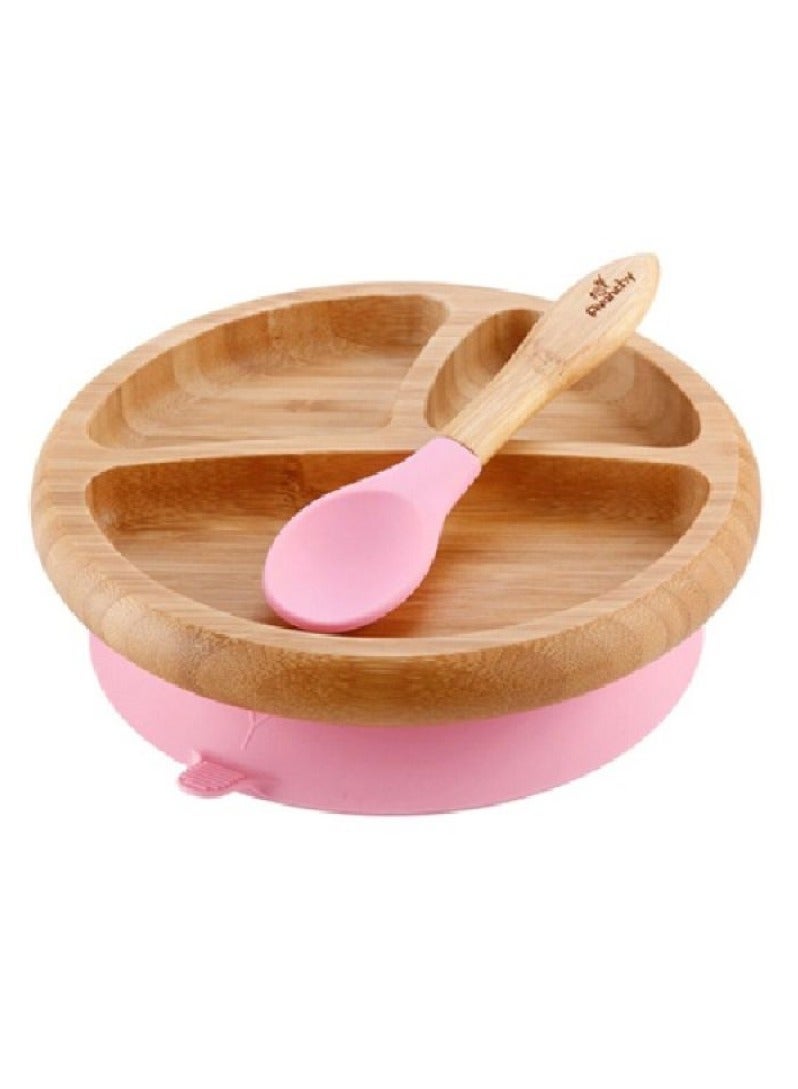 Bamboo Suction Classic Plate + Spoon Pink