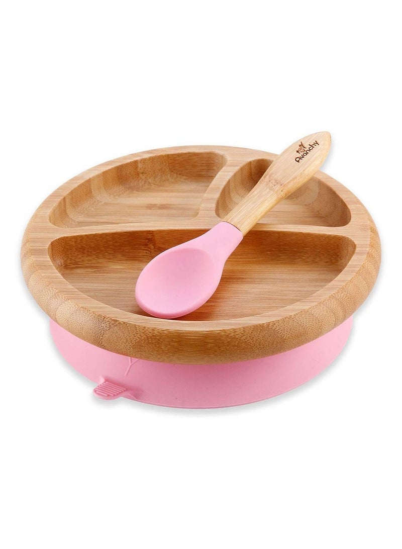 Bamboo Suction Classic Plate + Spoon Pink