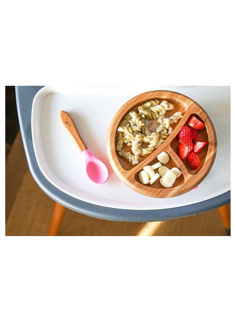 Bamboo Suction Classic Plate + Spoon Pink