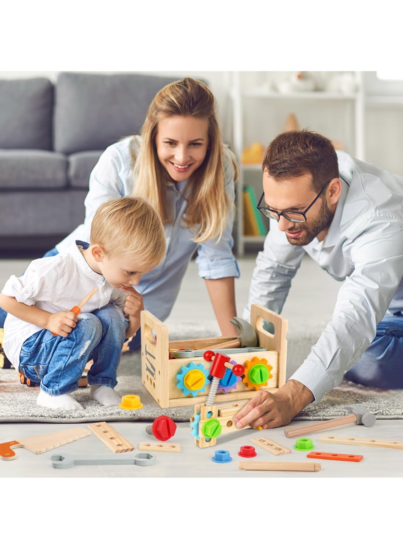 Wooden Tool Set for Kids, Montessori Wooden Tool Box with Saws, Screws, Hammers, Creative Construction Toys, Educational Gifts for Boys and Girls