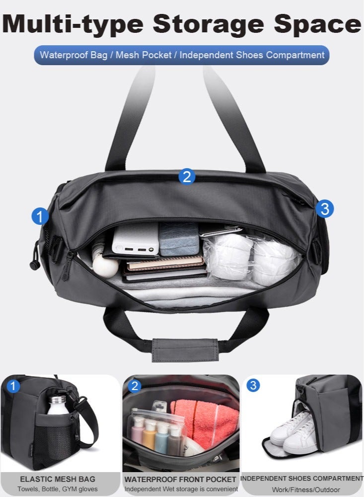Sport Duffle Bag, Large Gym Hand Bag with Shoes Compartment and Waterproof Pocket for Men, Grey