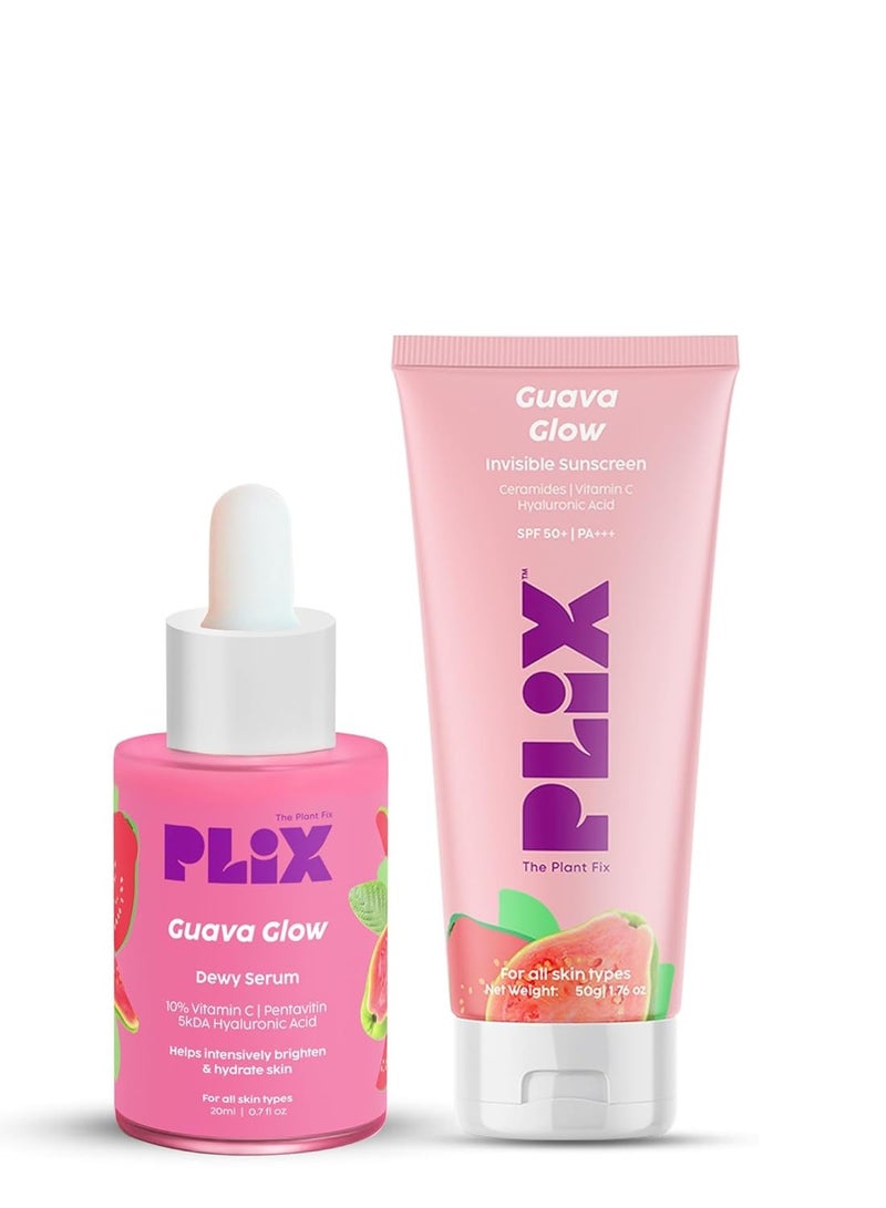 PLIX Spf 50+ Guava Glow Sunscreen 50G and 10% Vitamin C Guava Face Serum 20Ml Combo For Uv A Uv B Protection and Skin Brightening With  Vitamin C and Hyaluronic Acid and Pentavitin