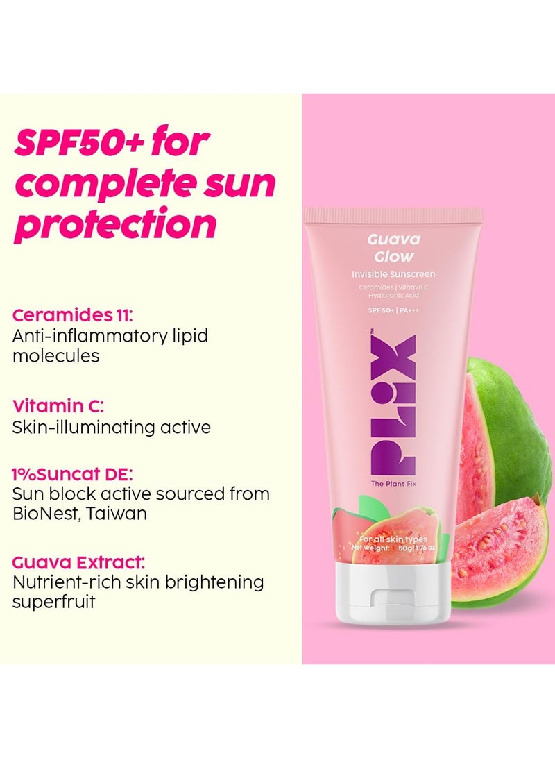 PLIX Spf 50+ Guava Glow Sunscreen 50G and 10% Vitamin C Guava Face Serum 20Ml Combo For Uv A Uv B Protection and Skin Brightening With  Vitamin C and Hyaluronic Acid and Pentavitin