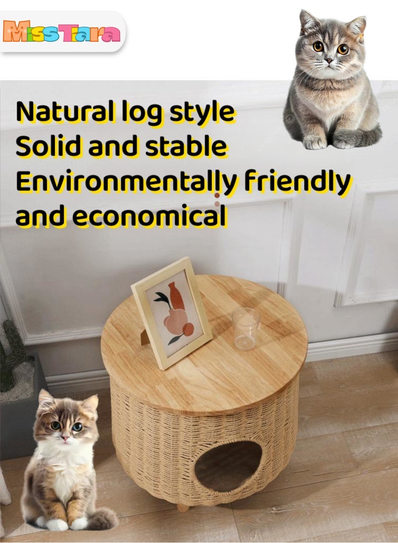 Cat furniture for indoor cats, Solid wood rattan cat nest can be used as bedside coffee table Sofa side table recommended household items for humans and cats to share cat nest furniture rattan nest