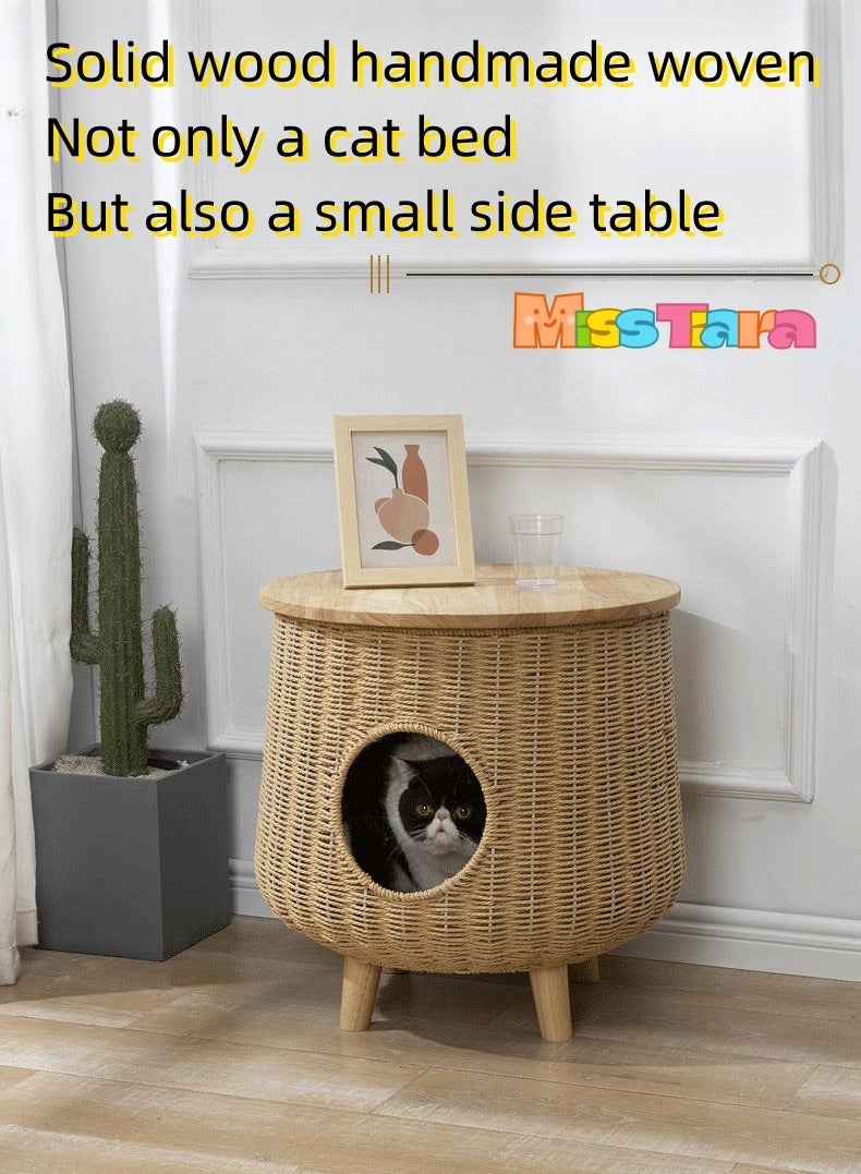 Cat furniture for indoor cats, Solid wood rattan cat nest can be used as bedside coffee table Sofa side table recommended household items for humans and cats to share cat nest furniture rattan nest