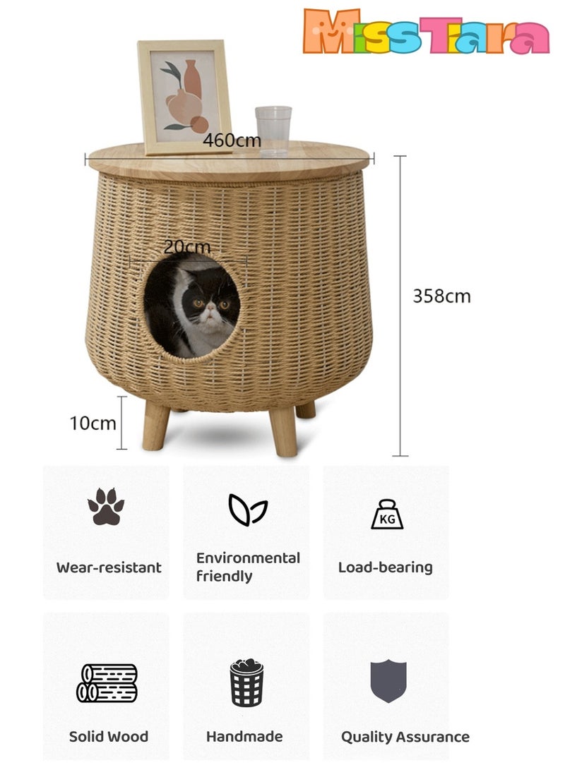 Cat furniture for indoor cats, Solid wood rattan cat nest can be used as bedside coffee table Sofa side table recommended household items for humans and cats to share cat nest furniture rattan nest