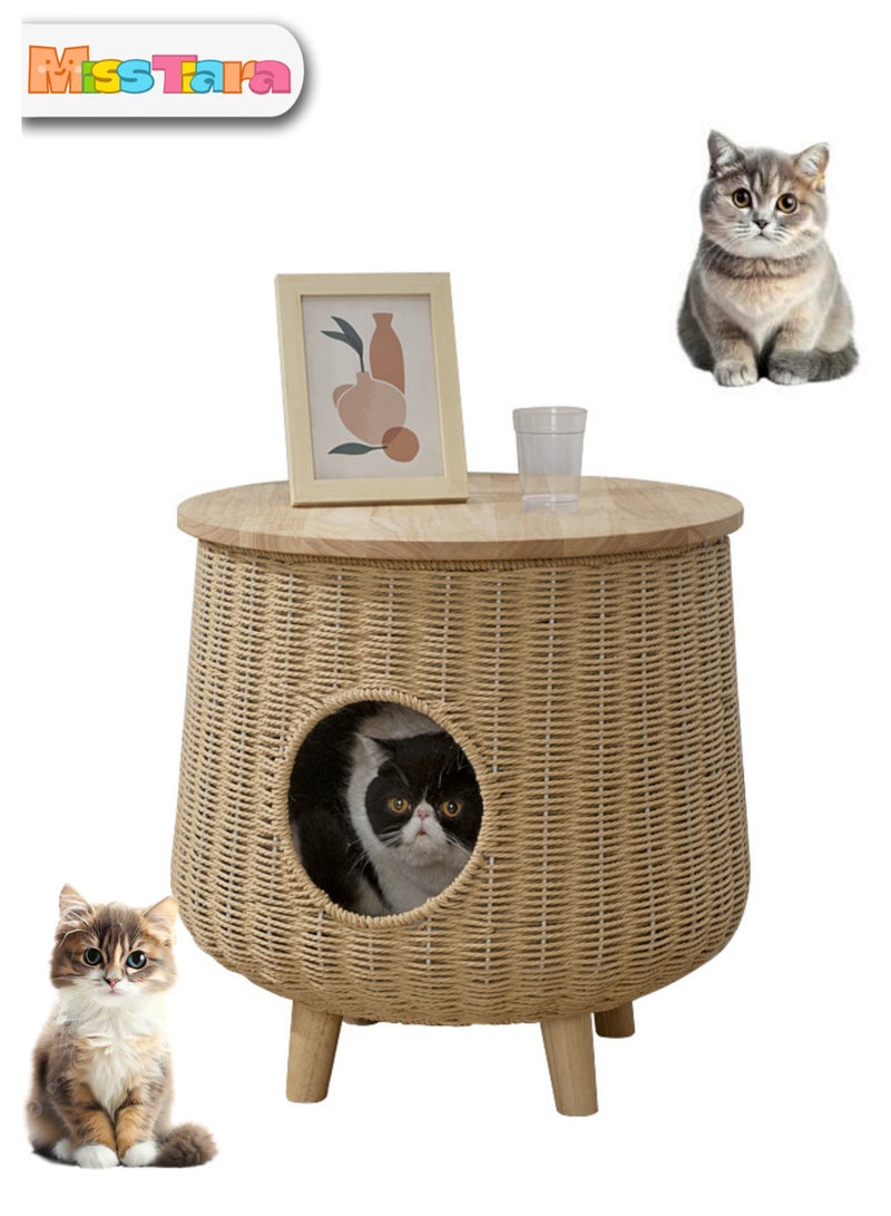 Cat furniture for indoor cats, Solid wood rattan cat nest can be used as bedside coffee table Sofa side table recommended household items for humans and cats to share cat nest furniture rattan nest