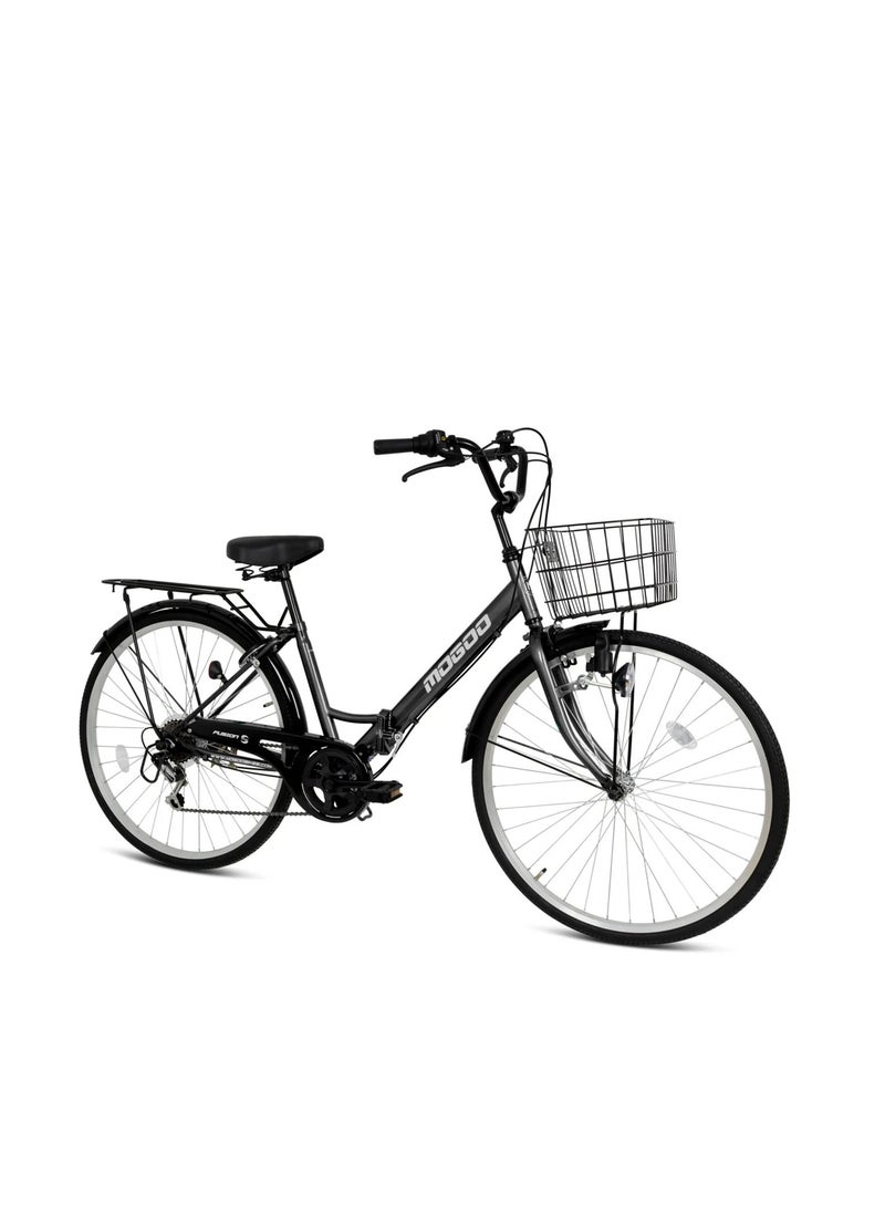 Fusion Adult Folding Bike 26 Inch Wheels 6 Speed Shimano City Bike For Men Women With Steel Basket - Caliper Brakes - Foldable Durable Steel Frame - Grey