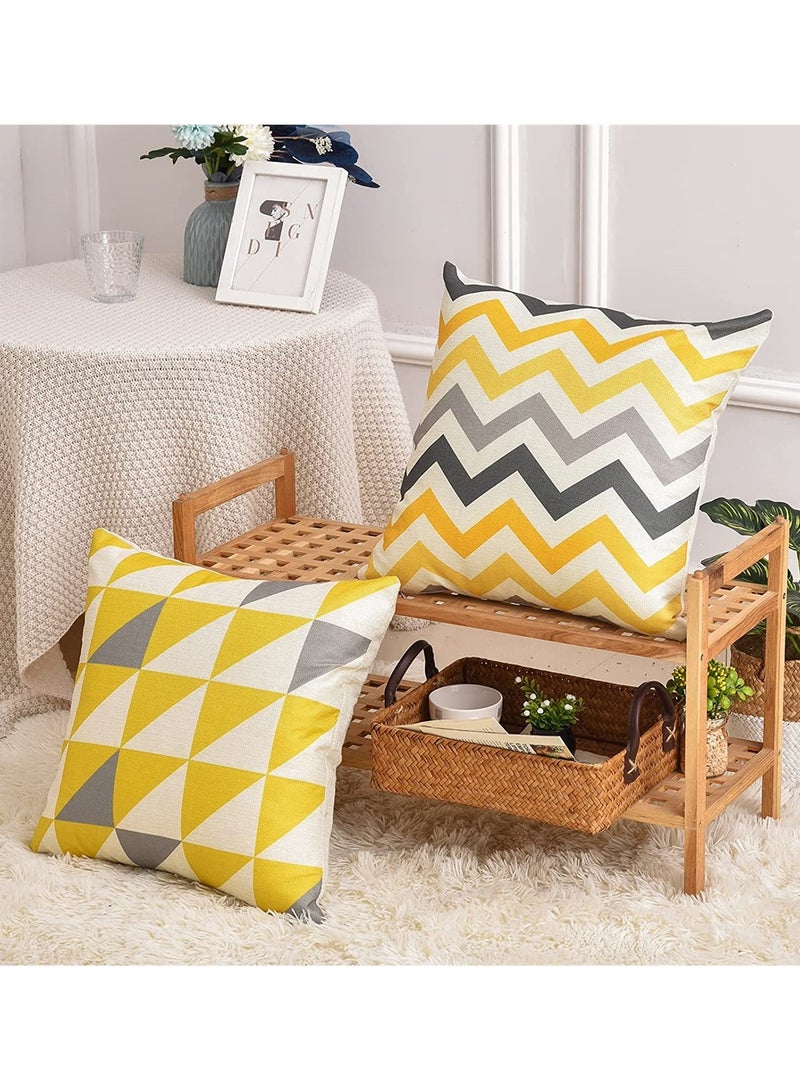 4 Pcs Pillow Covers Decorative Geometric Yellow Grey Modern Pattern Cotton Polyester Square Pillow Cushion Case 18 x 18 Inches