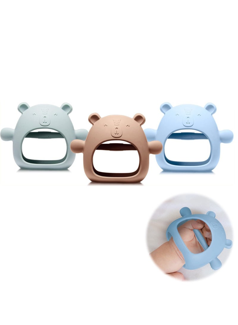 Baby Teething Toys, 3 Pack Silicone Teether for Infants 0-6 Months, Anti Dropping Wrist Hand Teether Pacifiers for Baby (Blue Caramel Green)