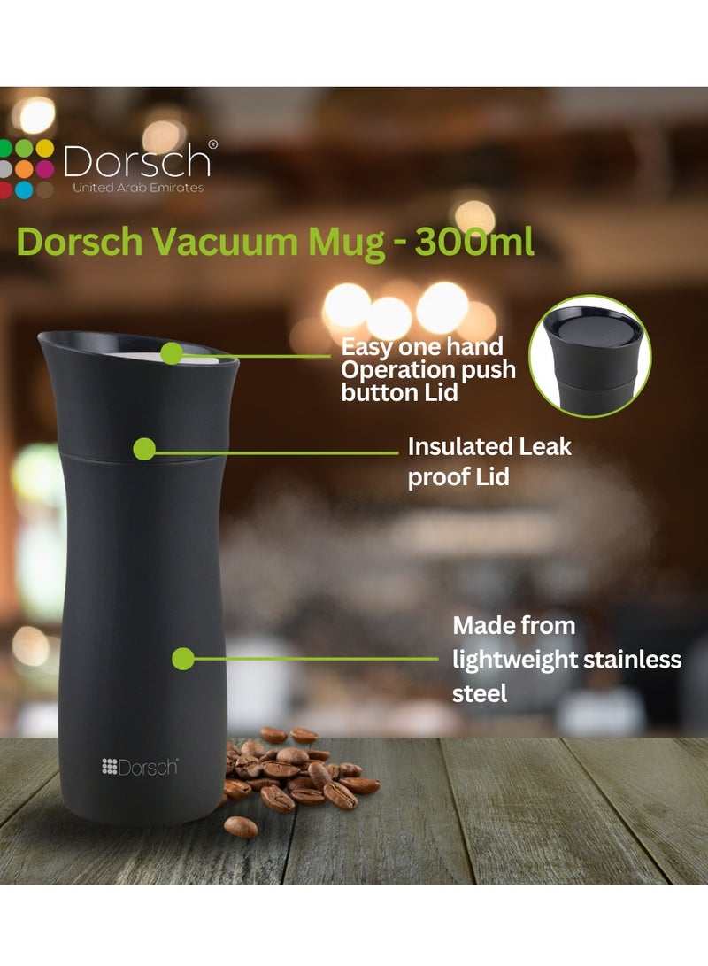 Dorsch Stainless Steel Vacuum Mug - 300ml Capacity | Double Wall Insulation | Leakproof Lid | Keeps Drinks Hot for 6 Hours, Cold for 12 Hours | Lightweight and Durable Design (Black)