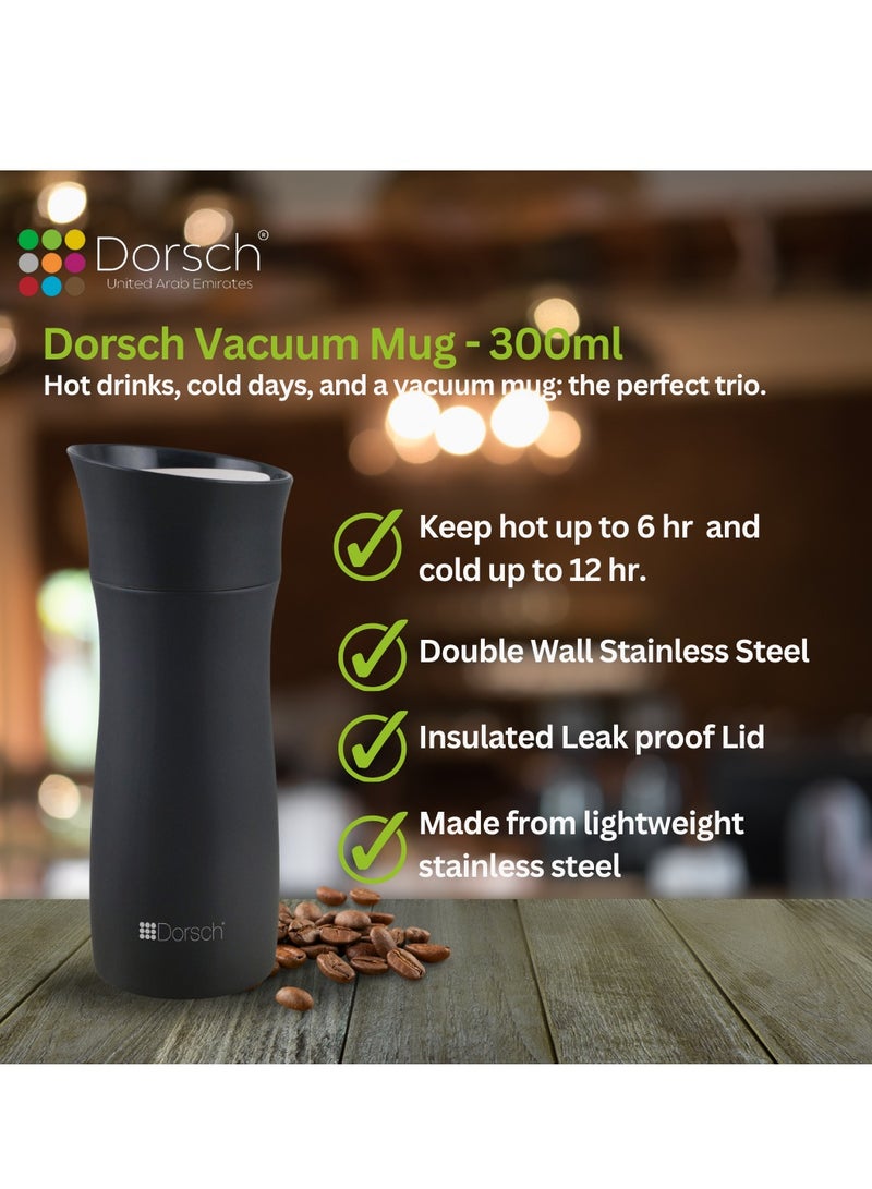 Dorsch Stainless Steel Vacuum Mug - 300ml Capacity | Double Wall Insulation | Leakproof Lid | Keeps Drinks Hot for 6 Hours, Cold for 12 Hours | Lightweight and Durable Design (Black)