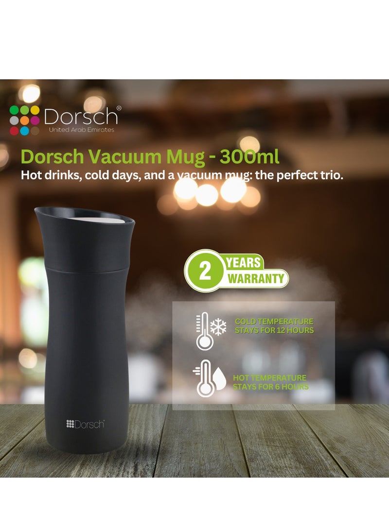 Dorsch Stainless Steel Vacuum Mug - 300ml Capacity | Double Wall Insulation | Leakproof Lid | Keeps Drinks Hot for 6 Hours, Cold for 12 Hours | Lightweight and Durable Design (Black)