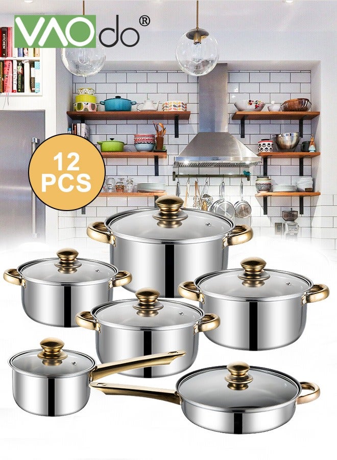 12PCS Stainless Steel pots and pans Kitchen Cookware Set Works with Induction Electric and Gas Cooktops Dishwasher Pots and Pans Kitchen Cooking Set with Stay-Cool Handles