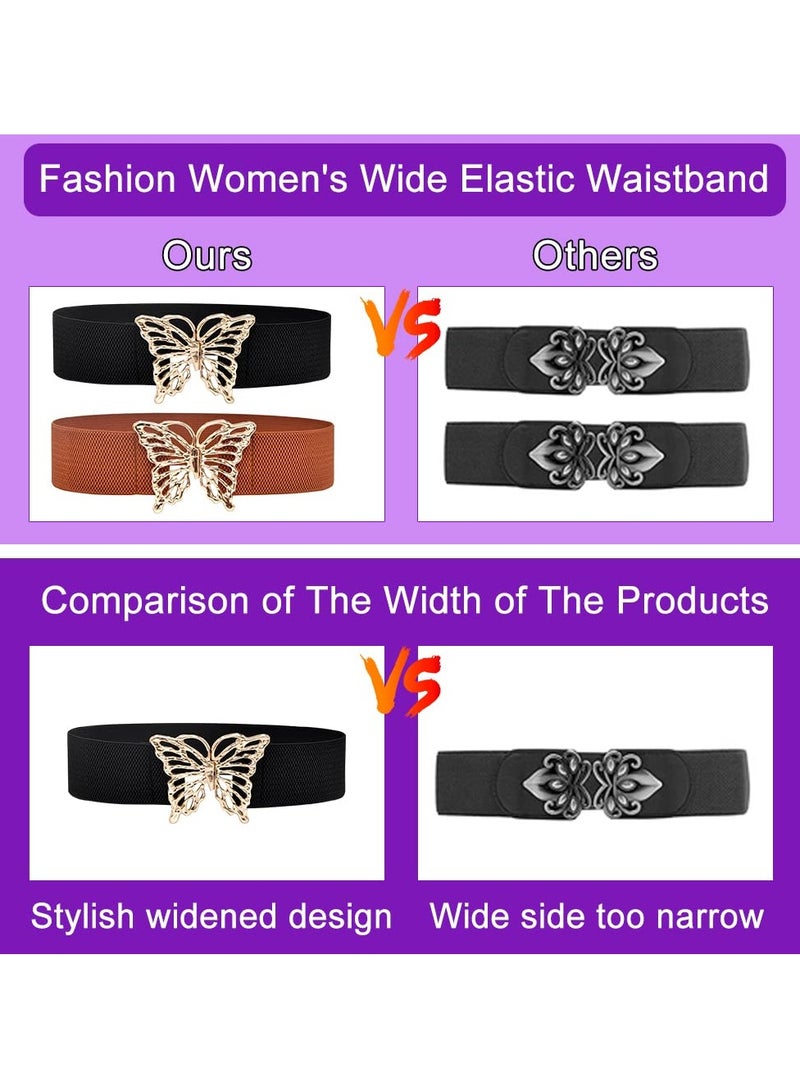 Women's Wide Elastic Belt, Vintage Stretchy Waist Belt with Shape Buckle, Ladies Retro Dress Belt, Fashion Elastic Waistband, Cinch Belt for Dresses, Stretch Thick Waist Belt, Camel and Black, 2 Pcs