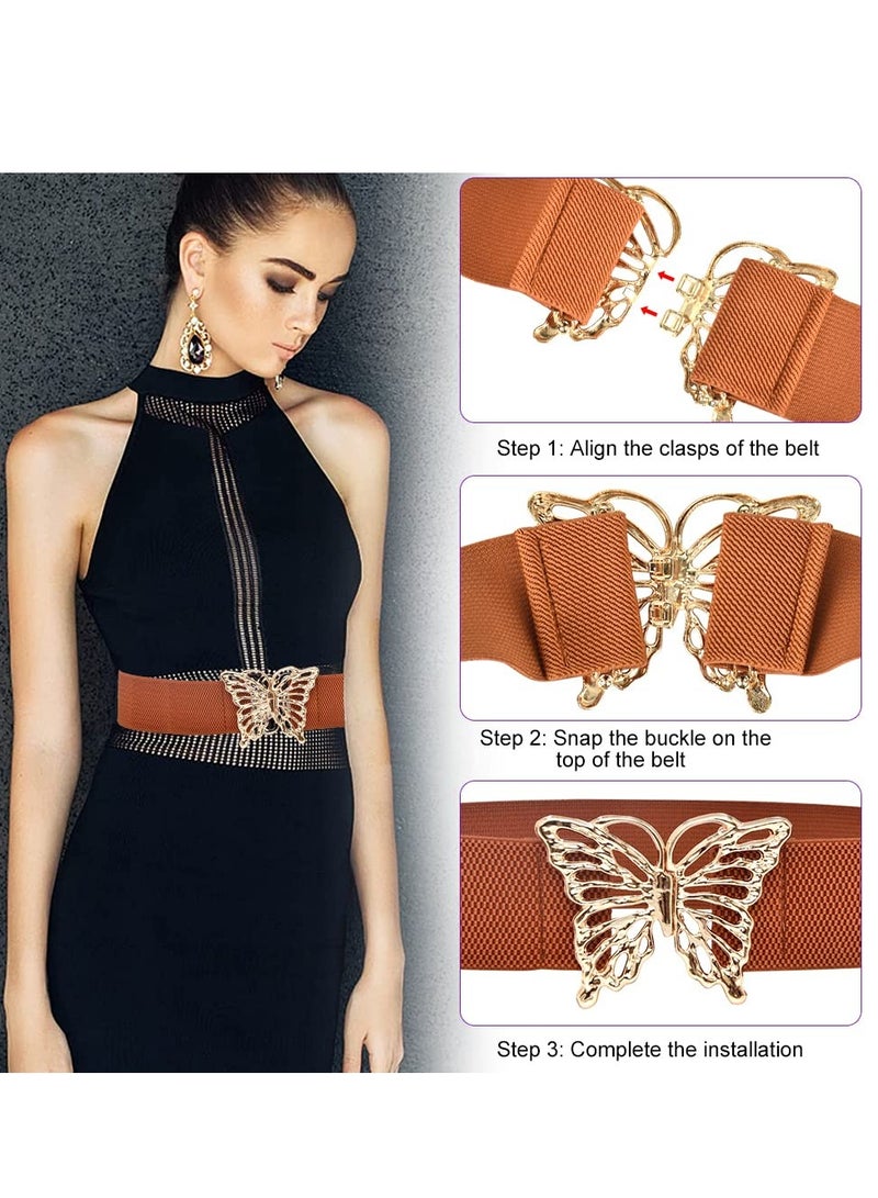 Women's Wide Elastic Belt, Vintage Stretchy Waist Belt with Shape Buckle, Ladies Retro Dress Belt, Fashion Elastic Waistband, Cinch Belt for Dresses, Stretch Thick Waist Belt, Camel and Black, 2 Pcs