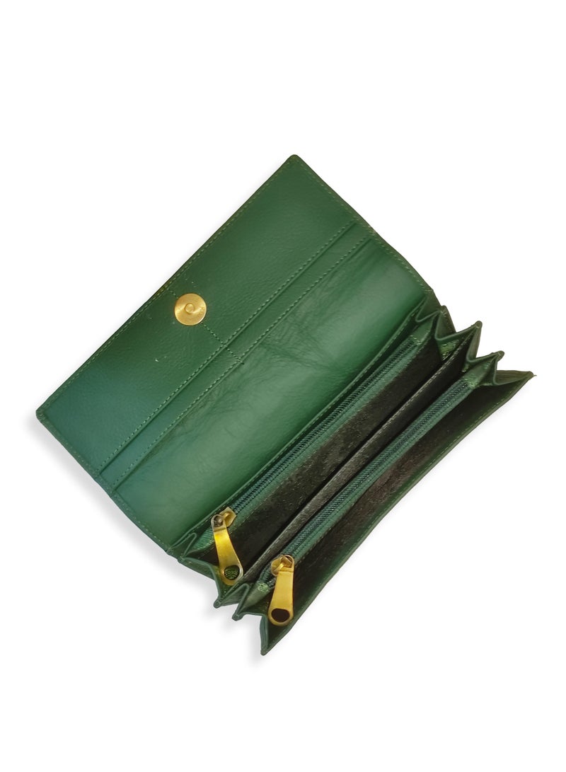 Genuine Leather Flap Green Wallet Women's Clutch Organizer