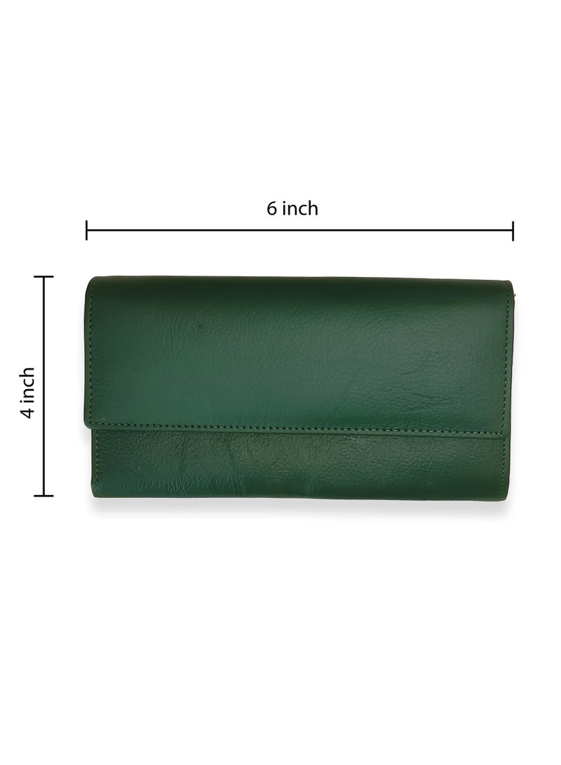 Genuine Leather Flap Green Wallet Women's Clutch Organizer